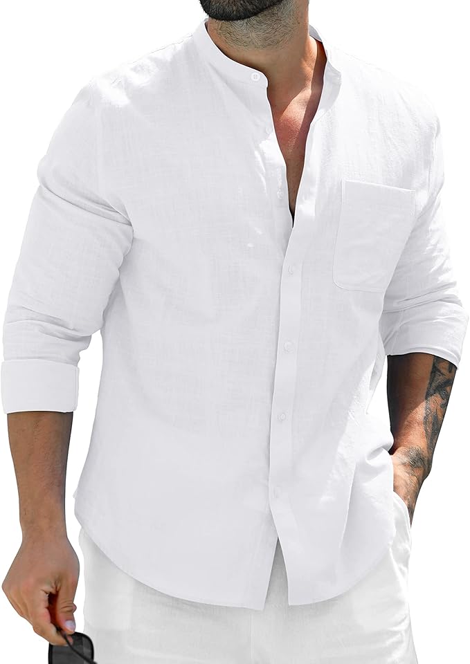 Aryan Clothing Article #7408 Long Sleeve Cotton Linen Shirt Collared Beach Casual